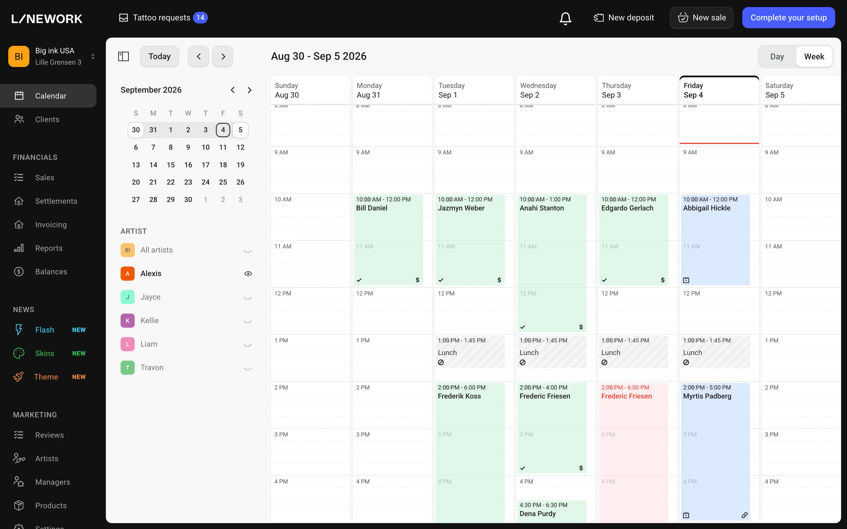 Shared studio calendar in Linework, every artist's week in one view